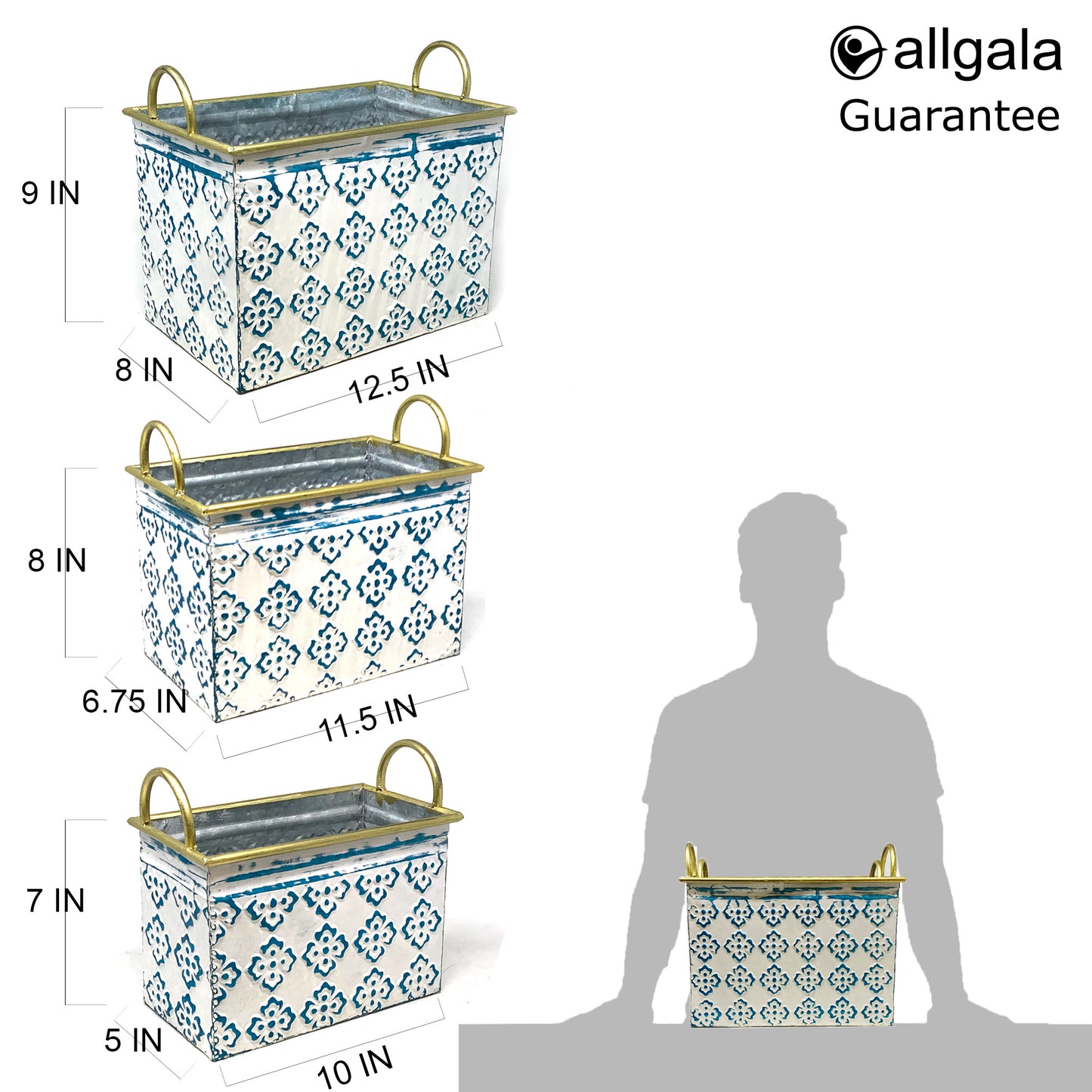 Allgala Planter Pot 3-PC Set Blue Clover Design Rectangle Planter Pots