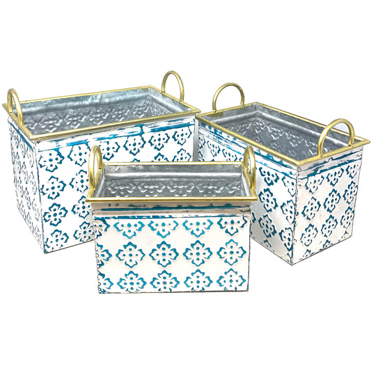 Allgala Planter Pot 3-PC Set Blue Clover Design Rectangle Planter Pots