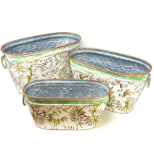 Allgala Planter Pot 3-PC Set Gold Leaf Design Oval Planter Pots