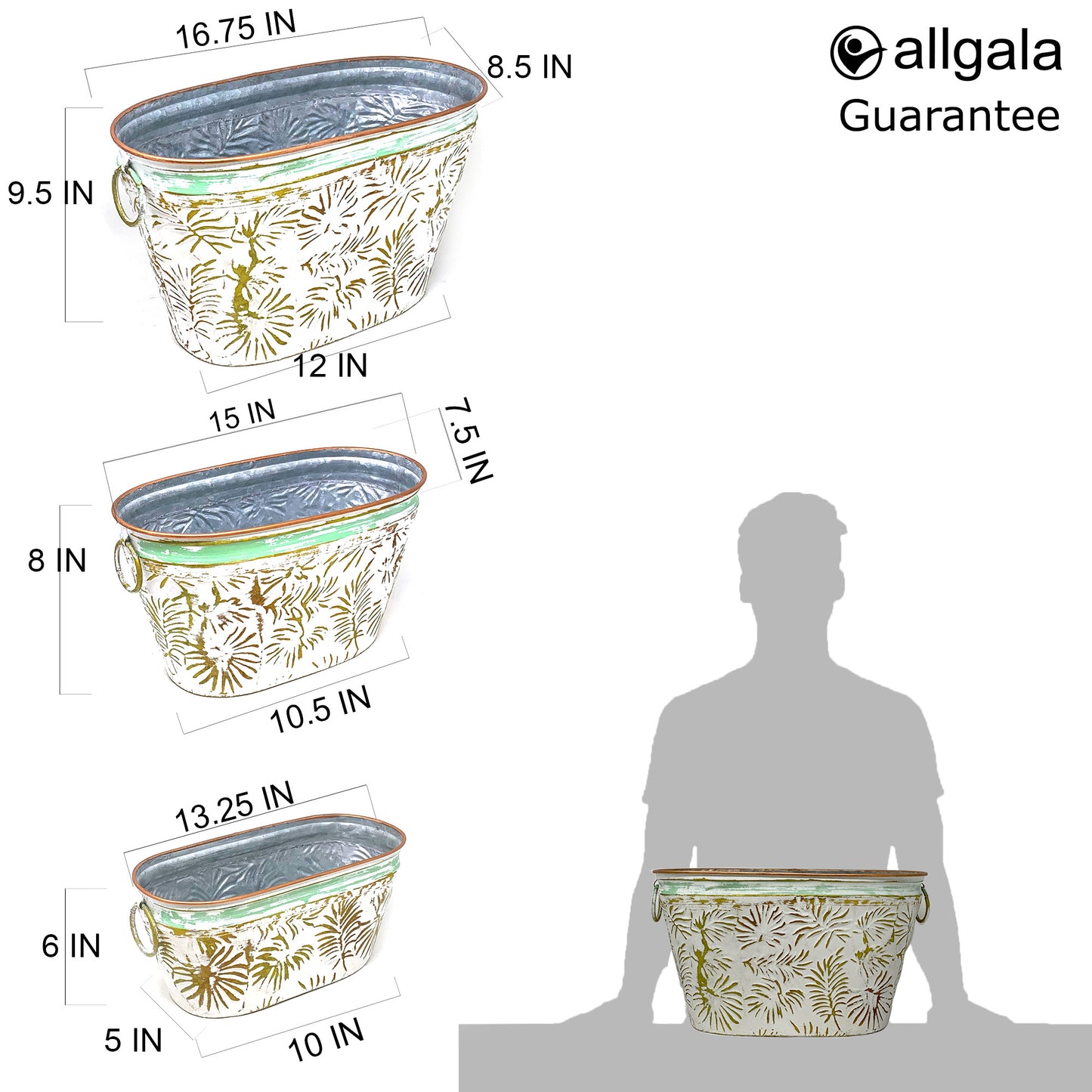 Allgala Planter Pot 3-PC Set Gold Leaf Design Oval Planter Pots