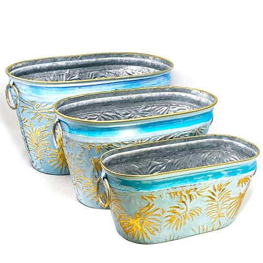 Allgala Planter Pot 3-PC Set Blue Leaf Design Oval Planter Pots