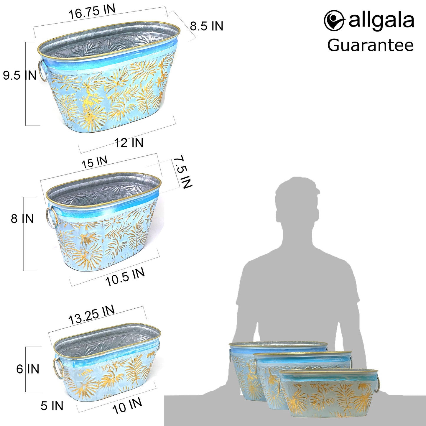 Allgala Planter Pot 3-PC Set Blue Leaf Design Oval Planter Pots