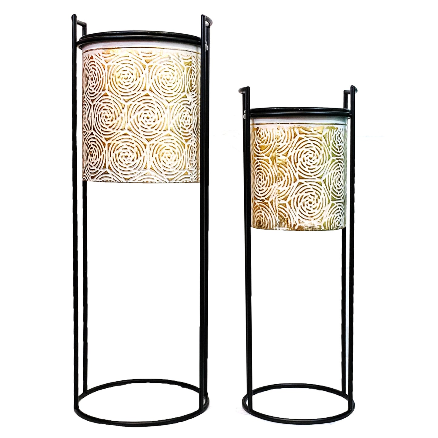 Allgala Planter Pot 2-PC Set Galvanized Planter Pot Gold Rose Design with Iron Stands