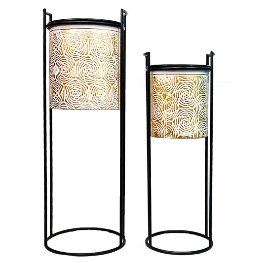 Allgala Planter Pot 2-PC Set Galvanized Planter Pot Gold Rose Design with Iron Stands
