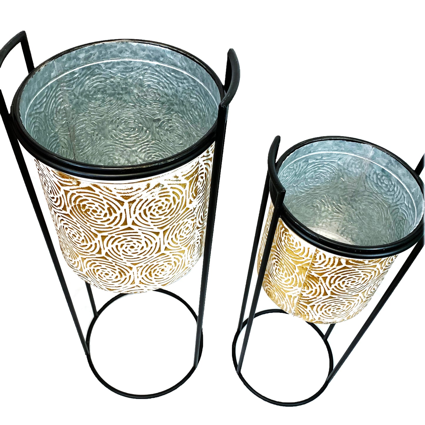 Allgala Planter Pot 2-PC Set Galvanized Planter Pot Gold Rose Design with Iron Stands