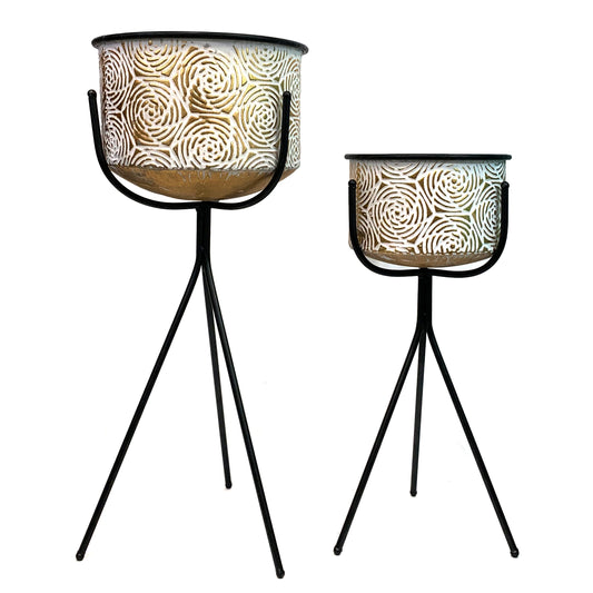 Allgala Planter Pot 2-PC Set Galvanized Planter Pot Gold Rose Design with 3-leg Iron Stands