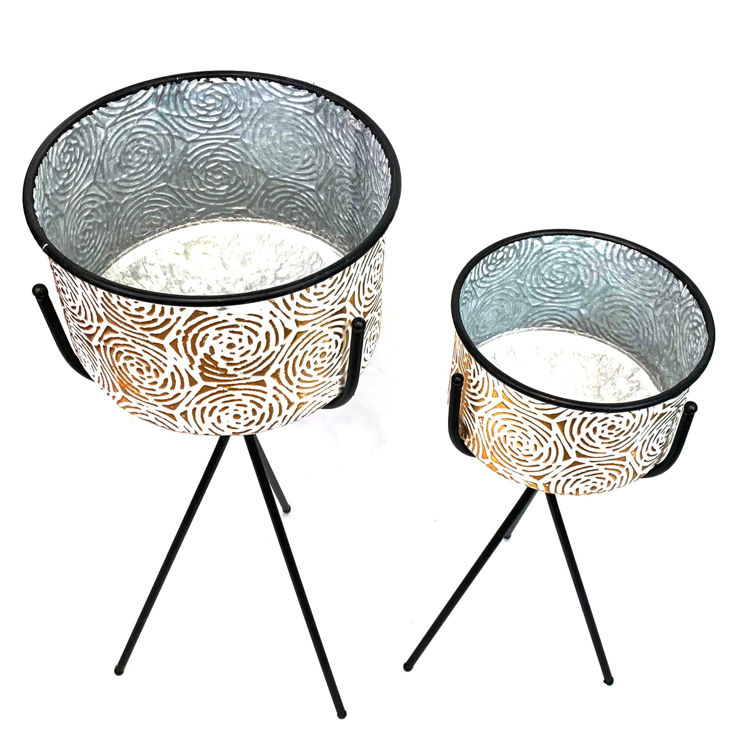 Allgala Planter Pot 2-PC Set Galvanized Planter Pot Gold Rose Design with 3-leg Iron Stands
