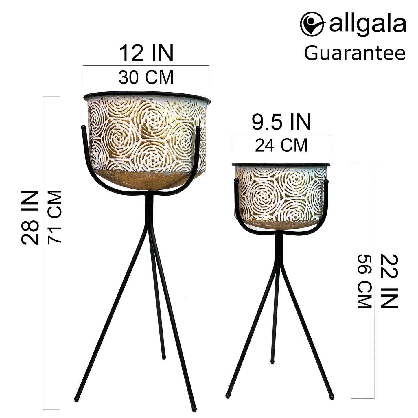 Allgala Planter Pot 2-PC Set Galvanized Planter Pot Gold Rose Design with 3-leg Iron Stands