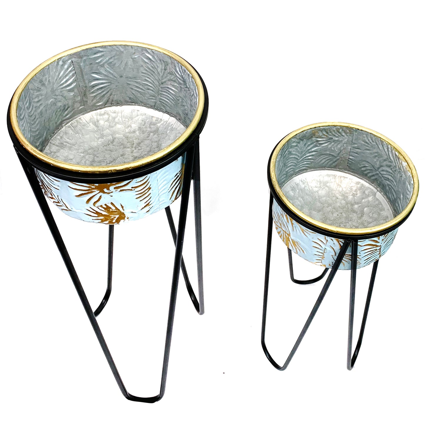Allgala Planter Pot 2-PC Set Galvanized Planter Pot Blue Leaf Design with Iron Stands