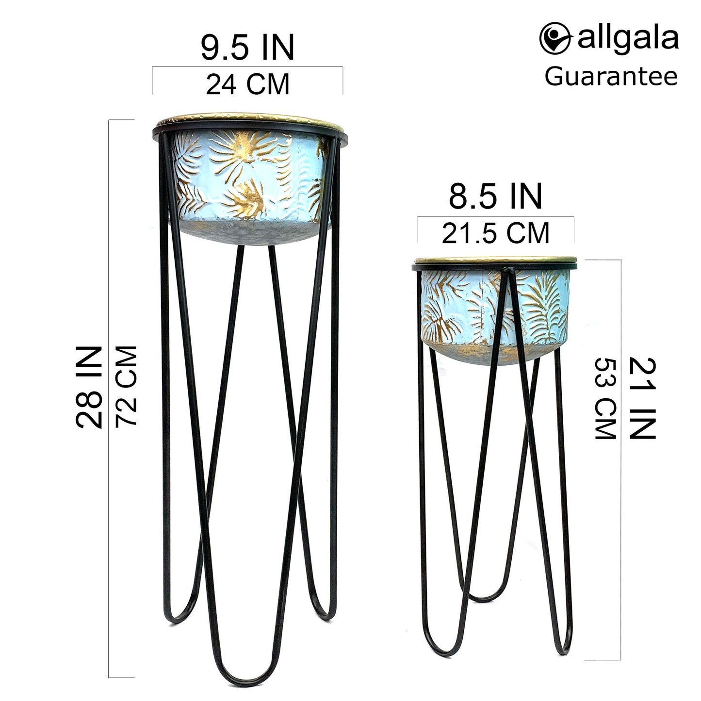 Allgala Planter Pot 2-PC Set Galvanized Planter Pot Blue Leaf Design with Iron Stands