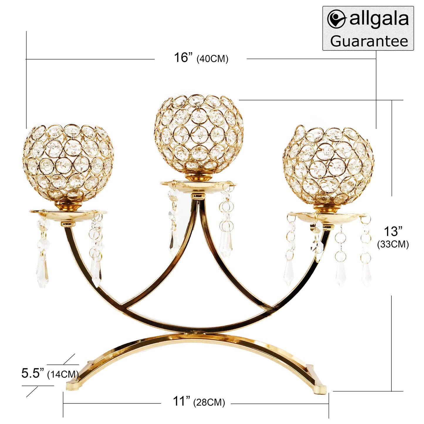 Allgala Candle Holder 3-Arm Bowls Tea-light Votive Crystal Candelabra