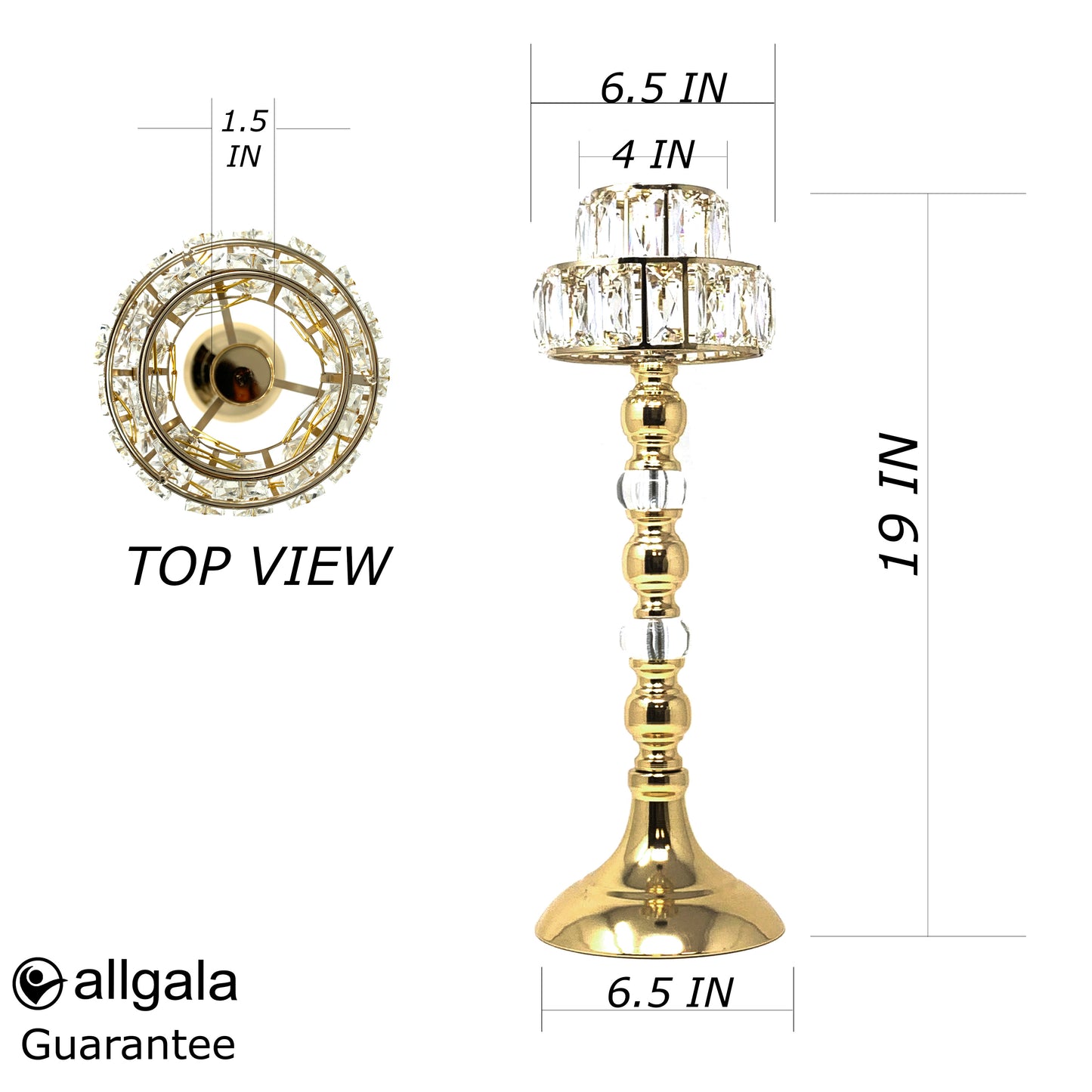 Allgala Candle Holder 19" Lamp Style Gold Tealight Candle Holder with Crystal Blocks