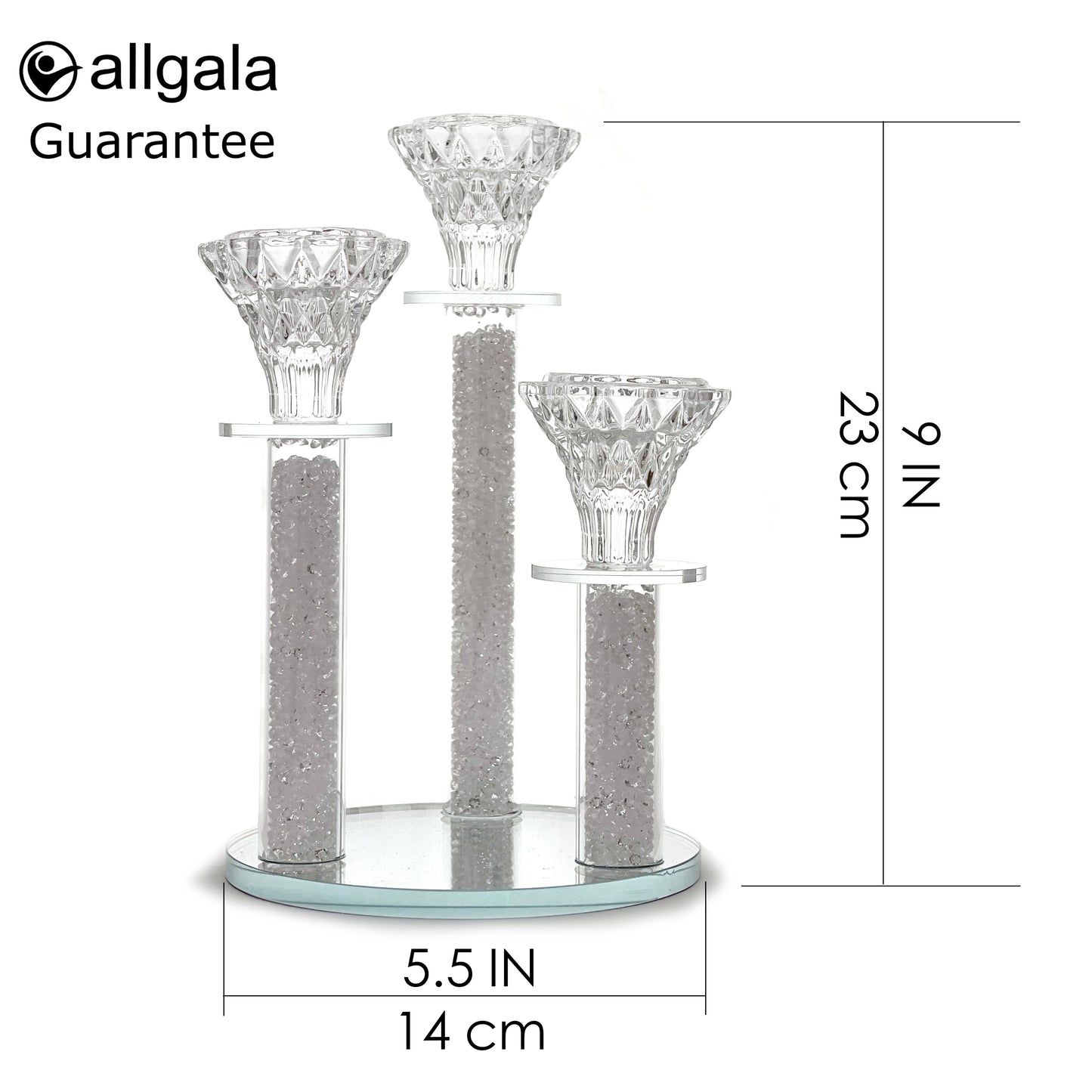 Allgala 9 Inch Tall 3-Pillar Filled with Diamond Like Stone Filled Crystal Candlesticks with Mirror Base