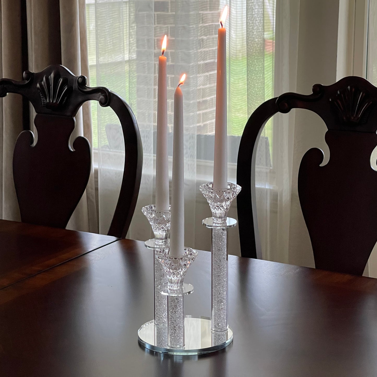 Allgala 9 Inch Tall 3-Pillar Filled with Diamond Like Stone Filled Crystal Candlesticks with Mirror Base