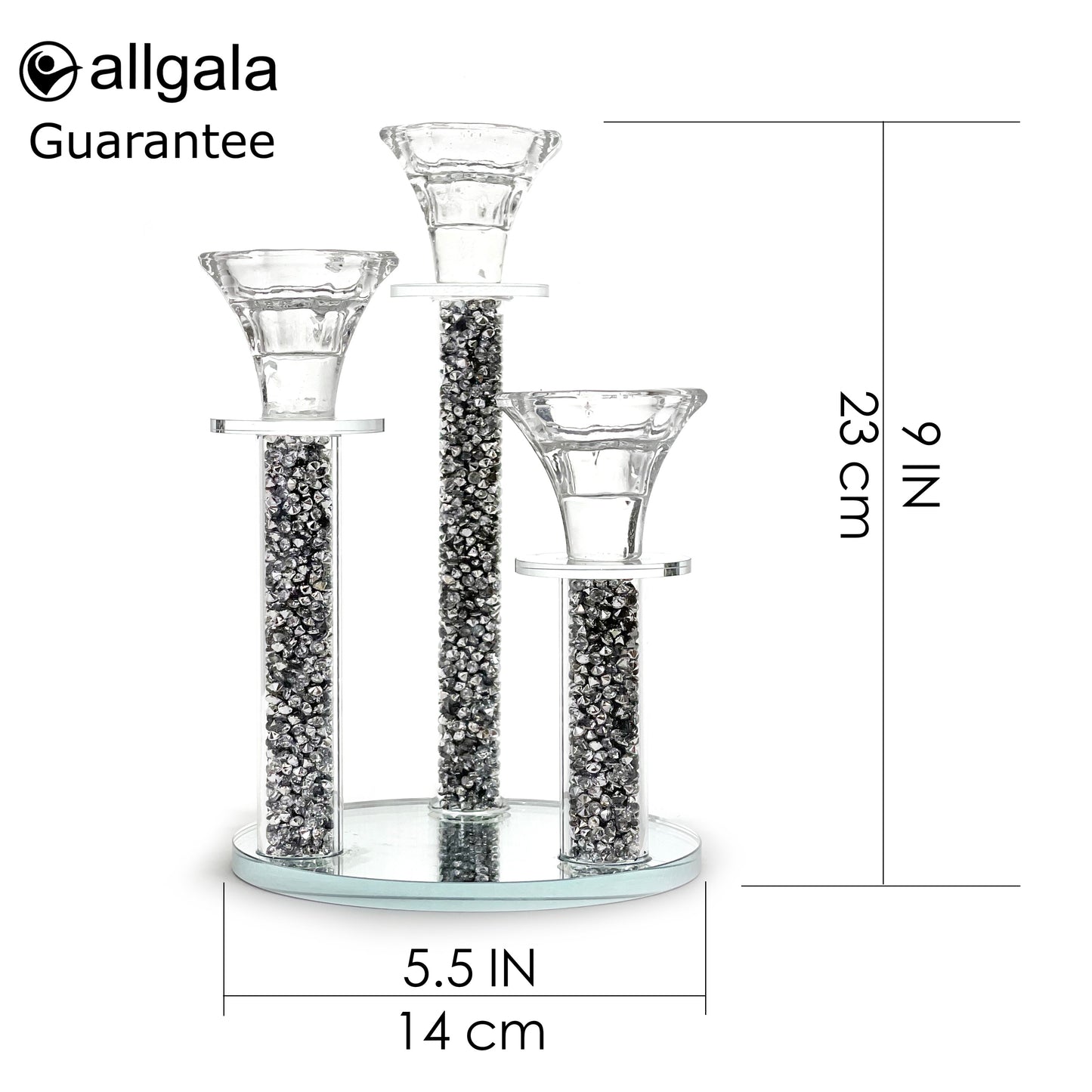 Allgala 9 Inch Tall 3-Pillar Filled with Diamond Like Stone Filled Crystal Candlesticks with Mirror Base