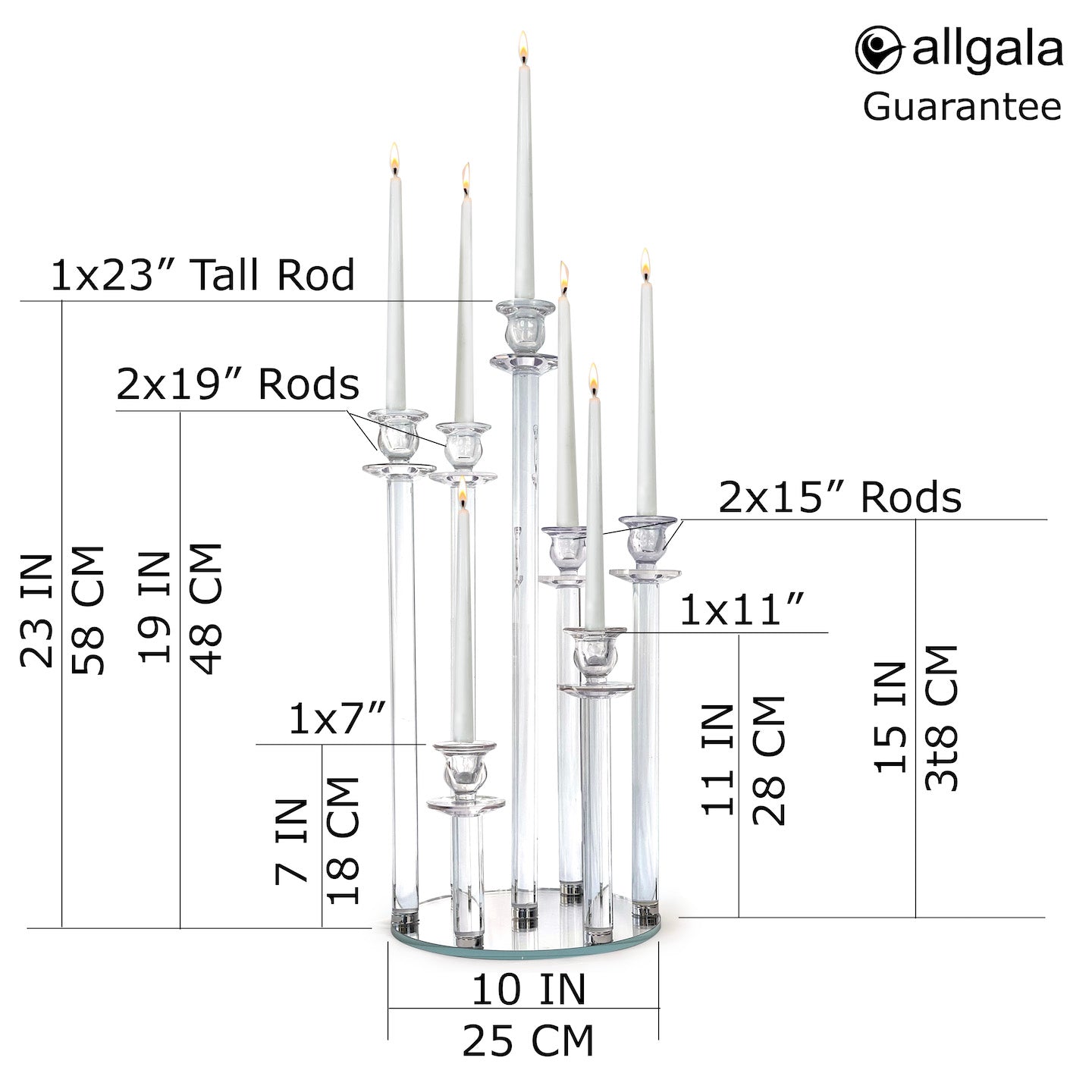Allgala 23" (58CM) Tall 7-Cup Crystal Solid Glass Cylinder Tube Rod Candelabra for Taper-Candle Candlesticks-HD89129