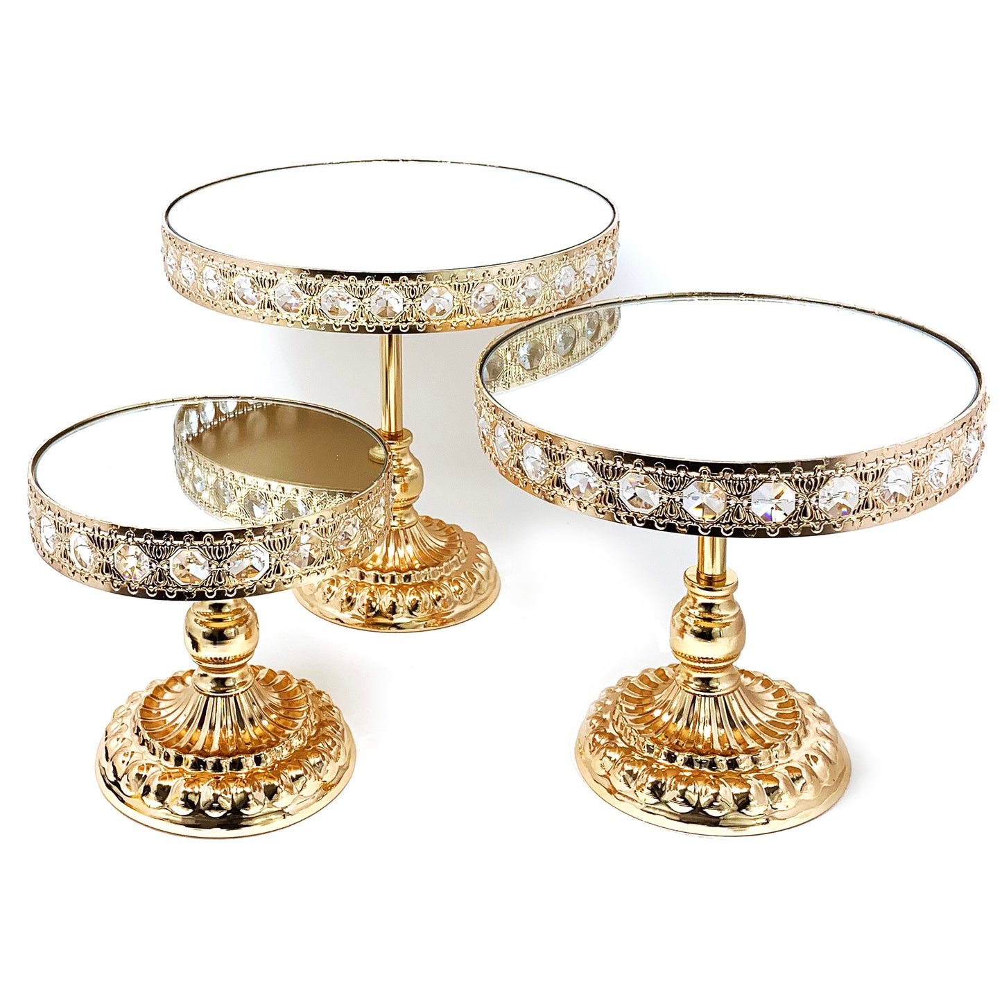 Allgala Crystal Cake Stand 3 Piece Set High Quality Crystal Gold Plated Cake Stand with Mirror Plate