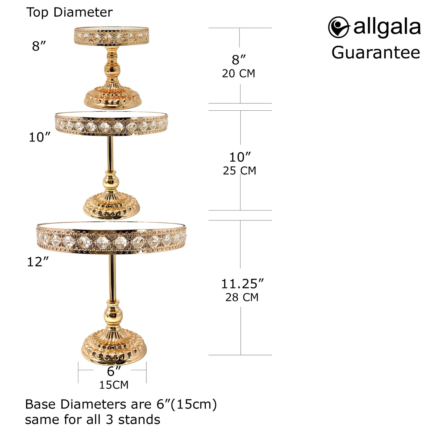 Allgala Crystal Cake Stand 3 Piece Set High Quality Crystal Gold Plated Cake Stand with Mirror Plate