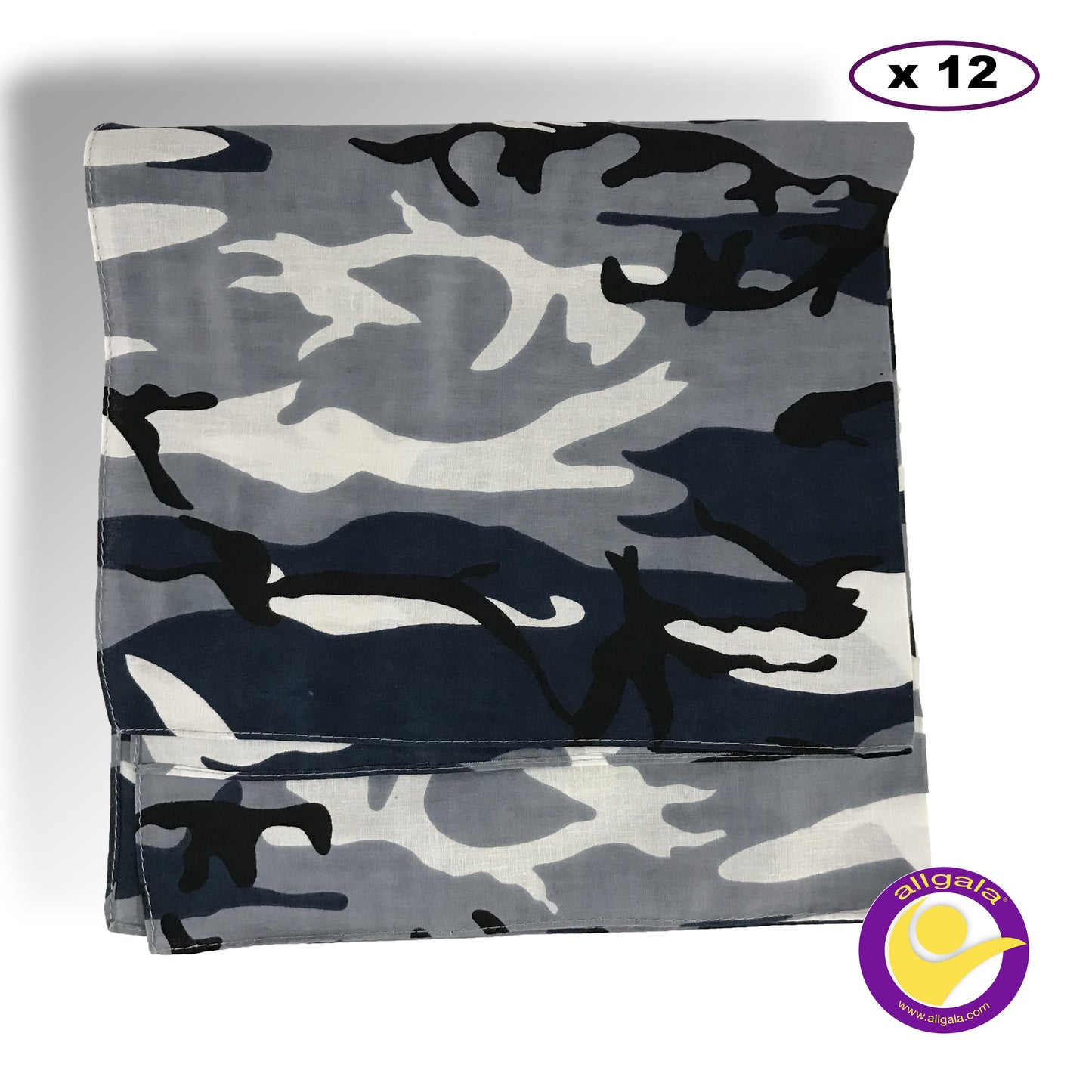 Allgala 12-PC 100% Cotton Premium Bandanas, Camouflage, Navy Grey