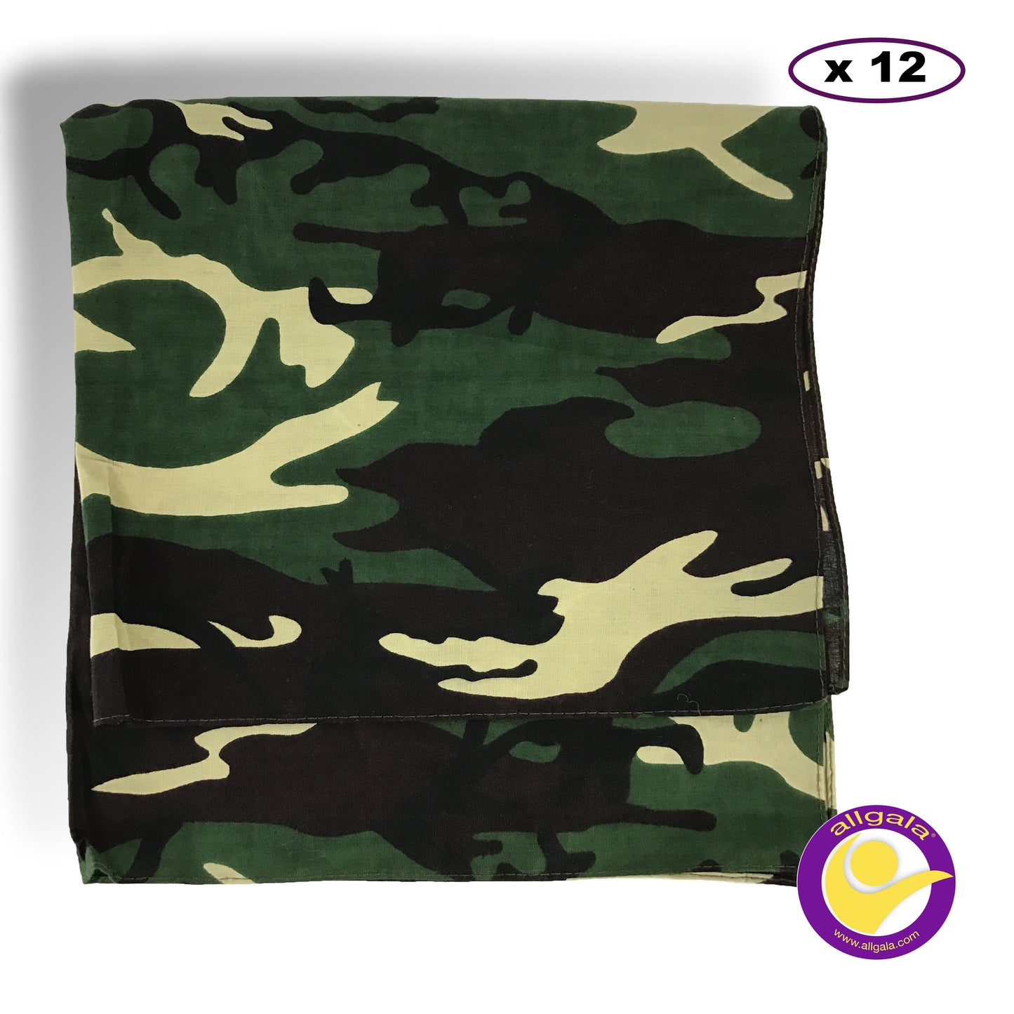 Allgala 12-PC 100% Cotton Premium Bandanas, Camouflage, Green
