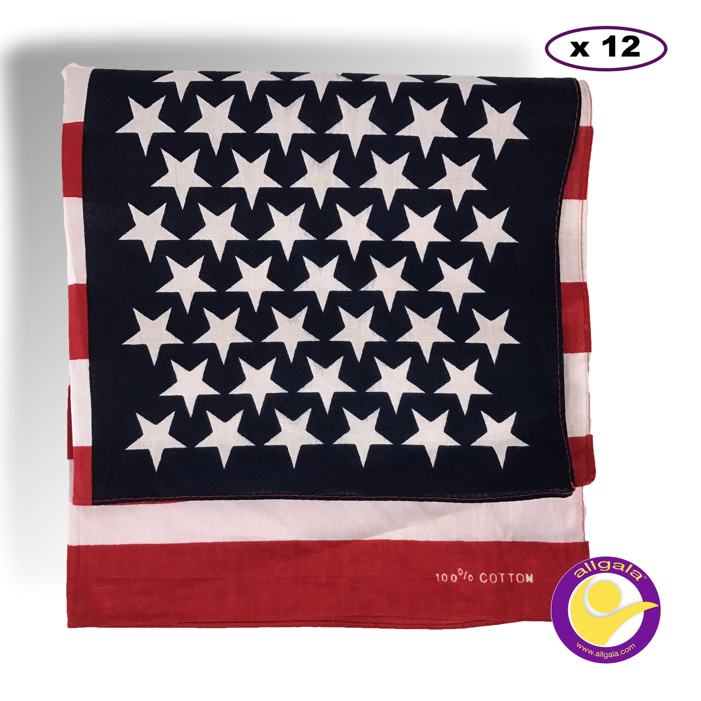 Allgala 12-PC 100% Cotton Premium Bandanas, American Flag