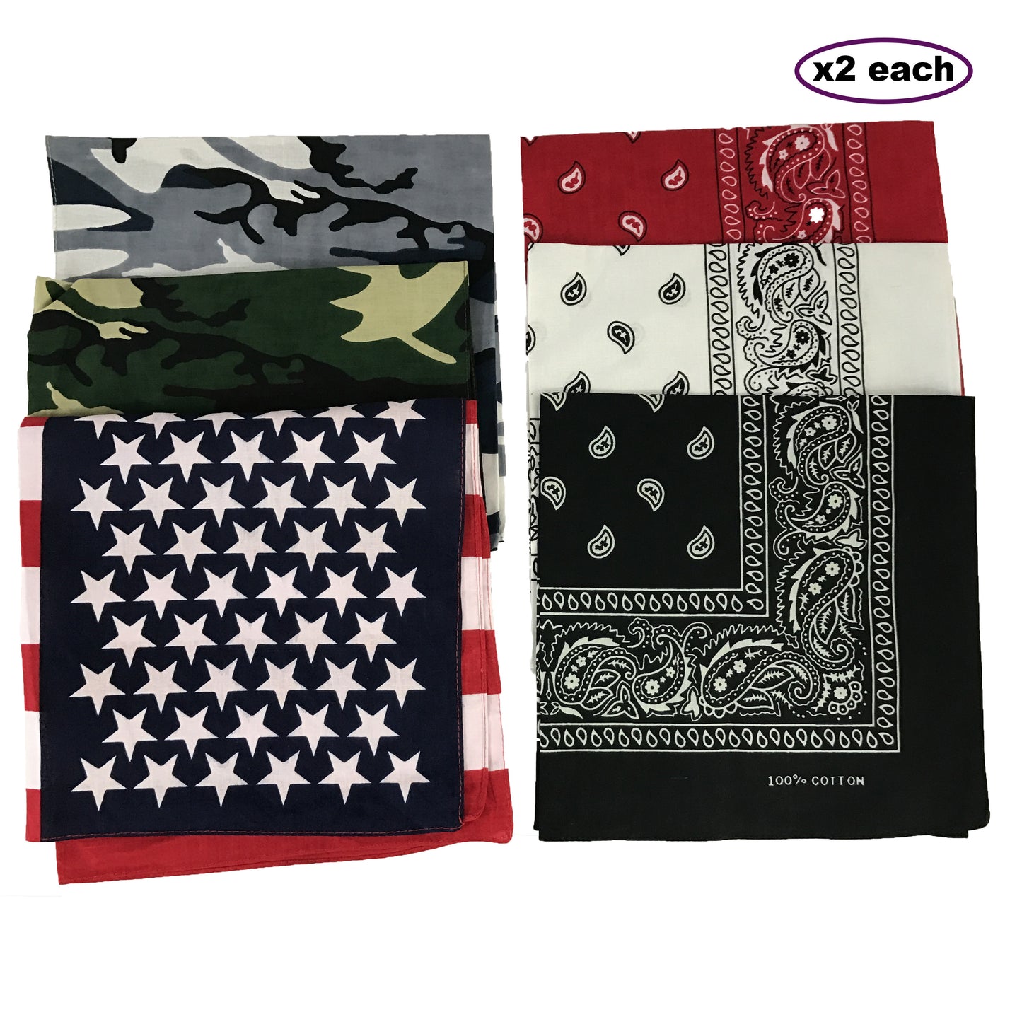 12-PC 100% Cotton Premium Bandanas, 6 designs assorted