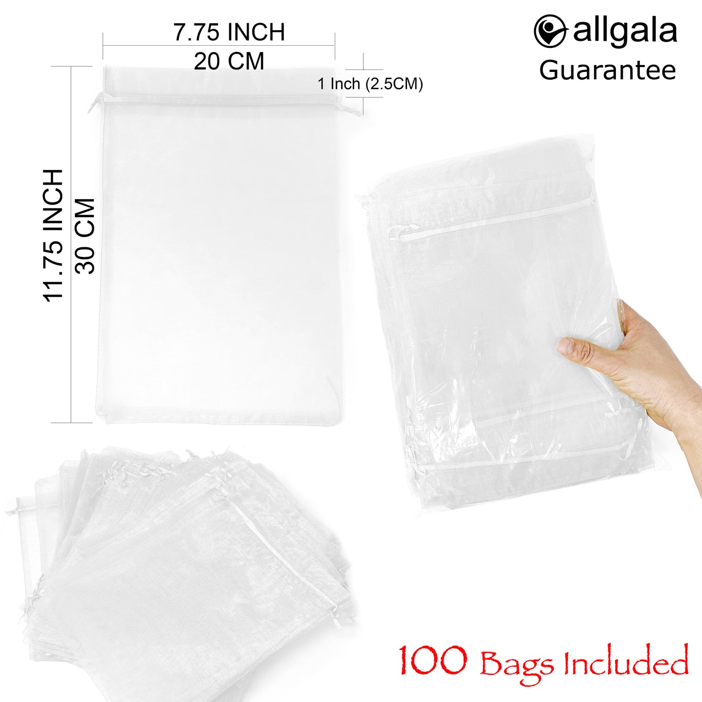Allgala Organza Bags 100 Count Organza Sheer Gift Party Favor Bags with Drawstring-8x12 Inch
