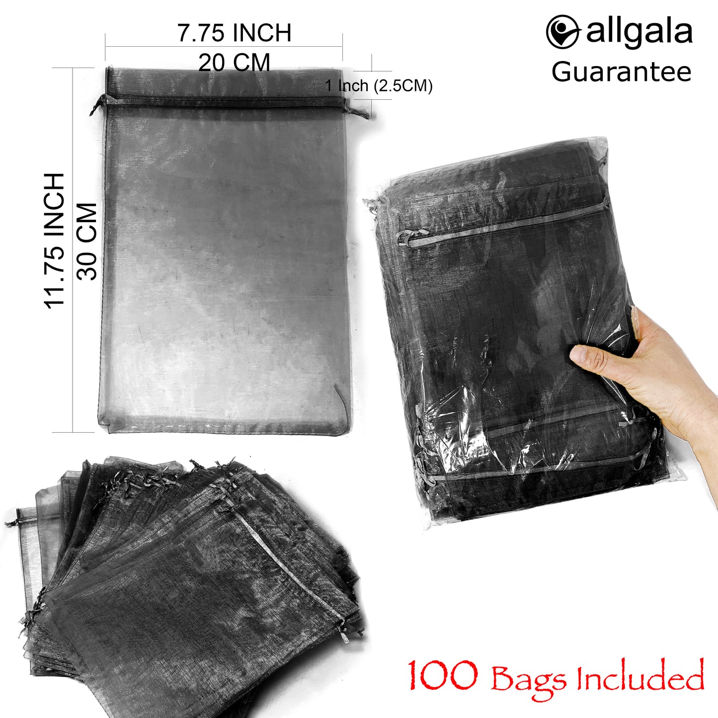 Allgala Organza Bags 100 Count Organza Sheer Gift Party Favor Bags with Drawstring-8x12 Inch