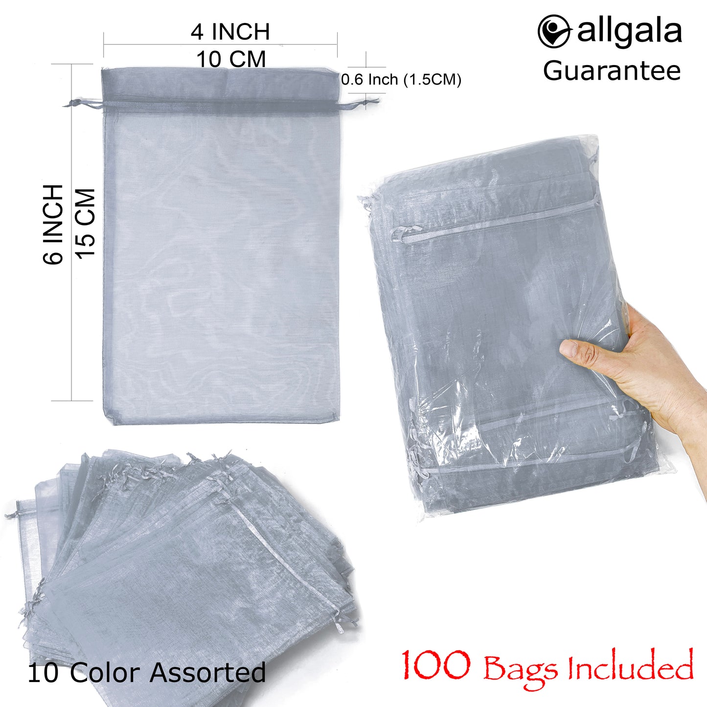 Allgala Organza Bags 100 Count Organza Sheer Gift Party Favor Bags with Drawstring-8x12 Inch