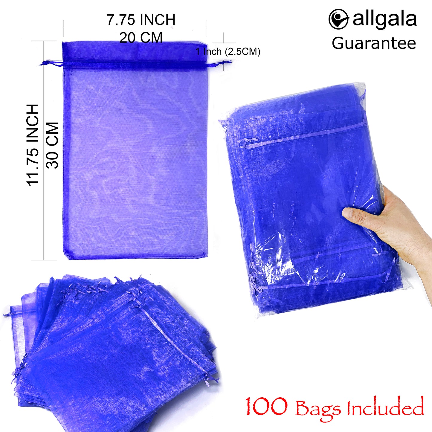 Allgala Organza Bags 100 Count Organza Sheer Gift Party Favor Bags with Drawstring-8x12 Inch