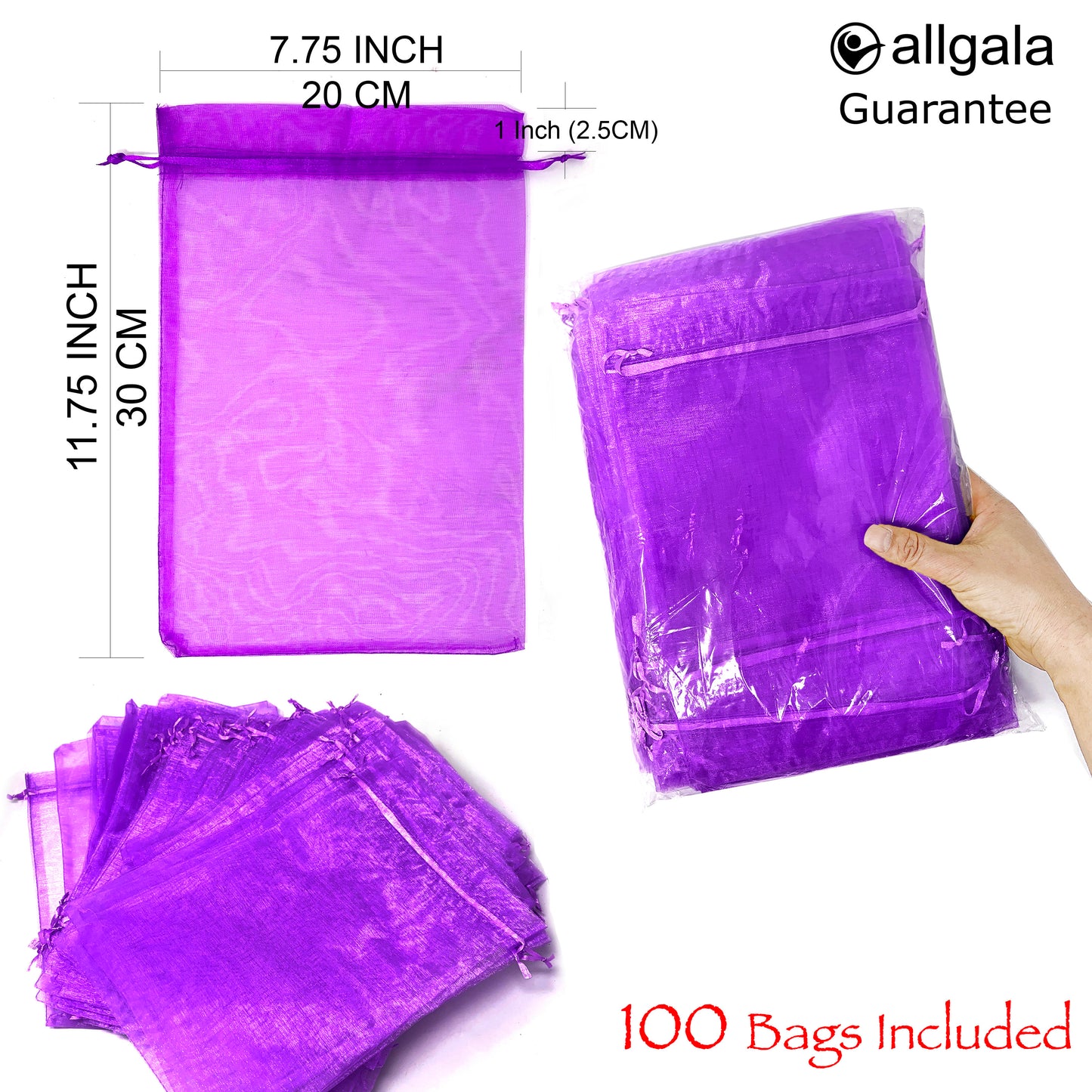 Allgala Organza Bags 100 Count Organza Sheer Gift Party Favor Bags with Drawstring-8x12 Inch