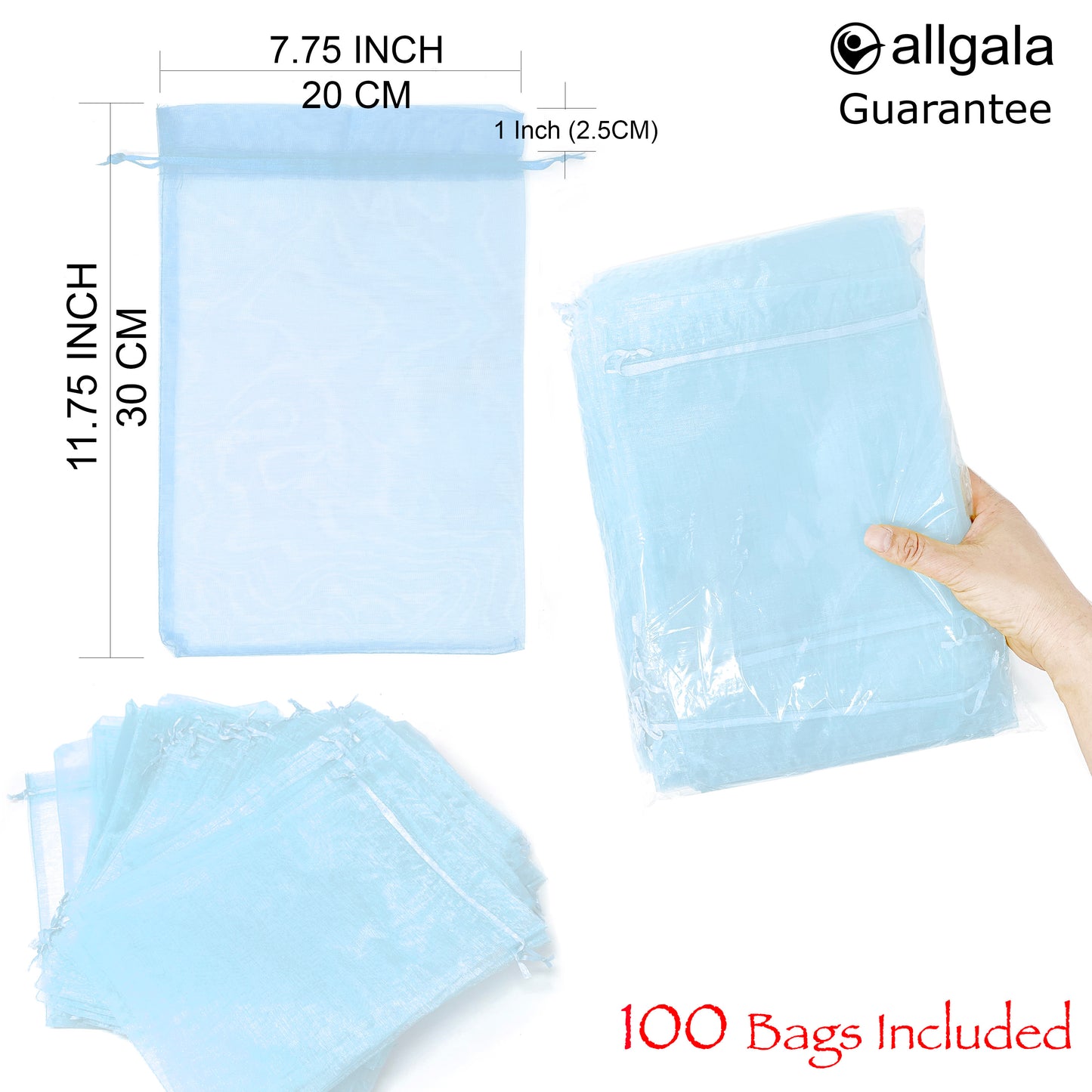 Allgala Organza Bags 100 Count Organza Sheer Gift Party Favor Bags with Drawstring-8x12 Inch