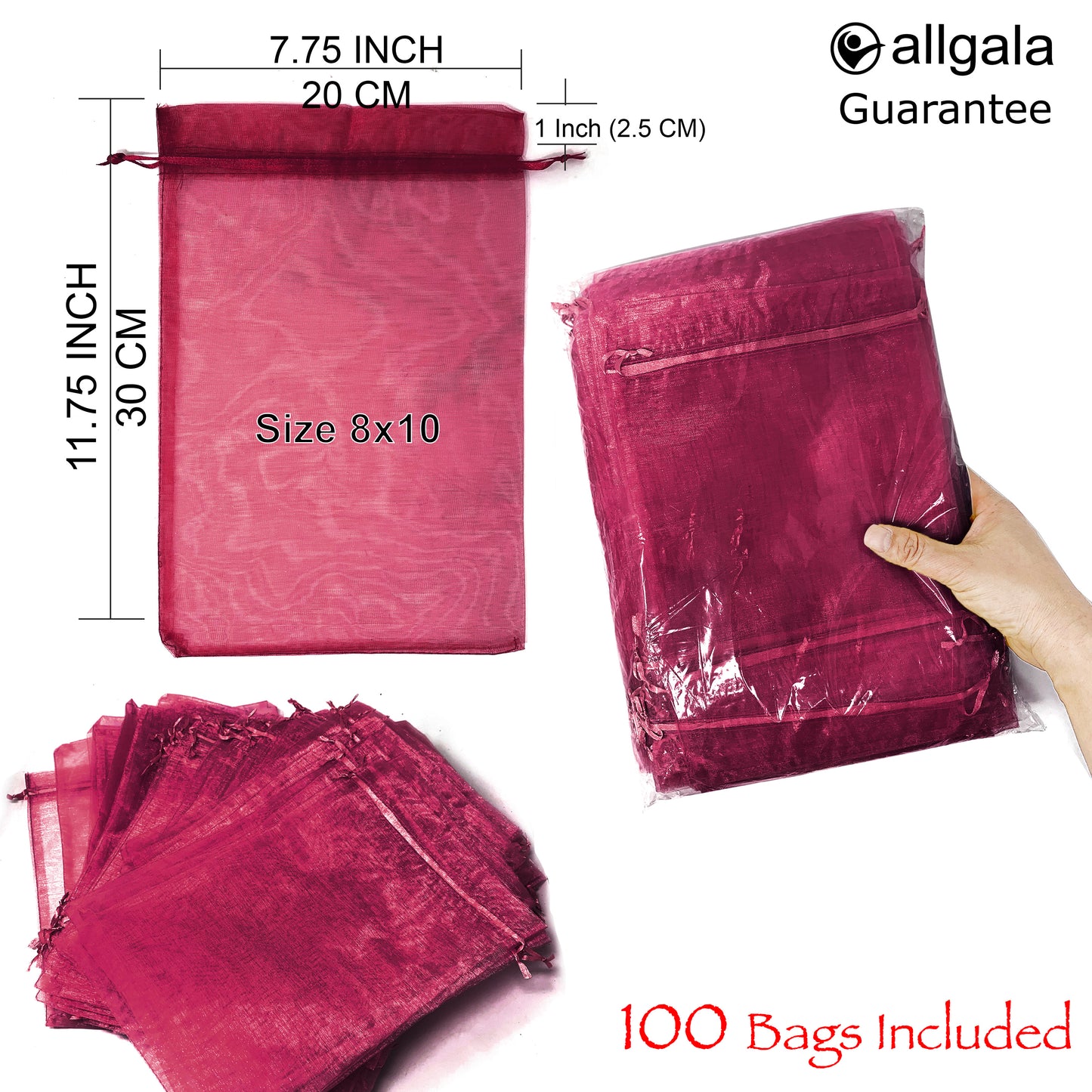 Allgala Organza Bags 100 Count Organza Sheer Gift Party Favor Bags with Drawstring-8x12 Inch