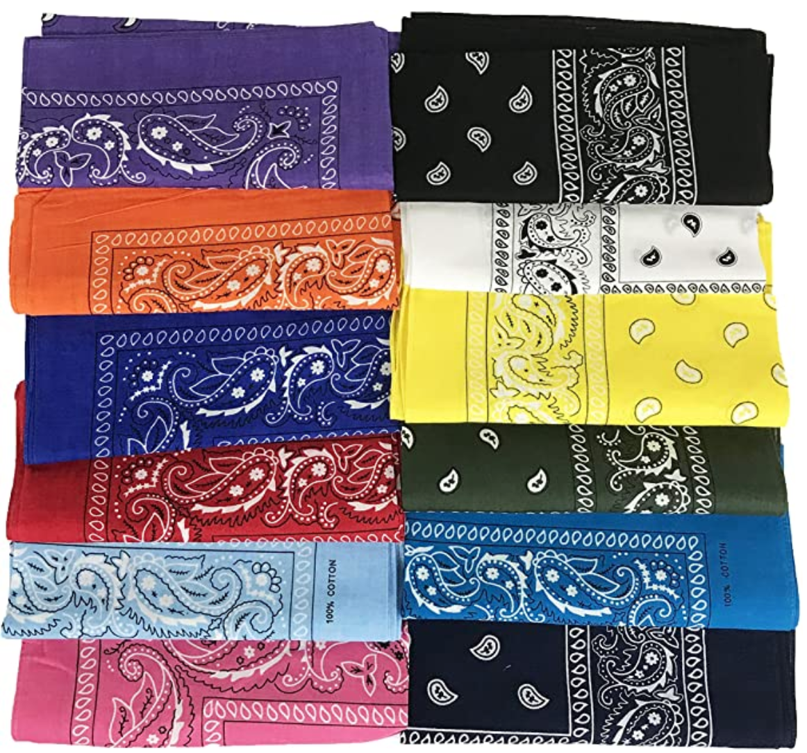 12-PC 100% Cotton Premium Bandanas, 12 colors assorted