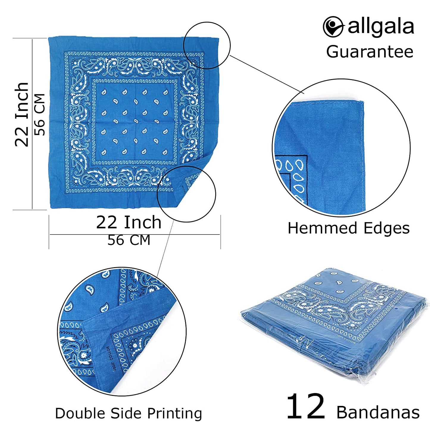 Allgala 12-pc 100% Cotton Bandanas, Paisley Pattern, Turquoise