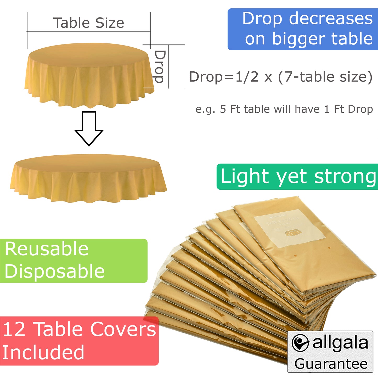 Allgala Table Cover 6-PK Premium Medium Duty Disposable 84" Round Plastic Tablecloth (Various Color Available)