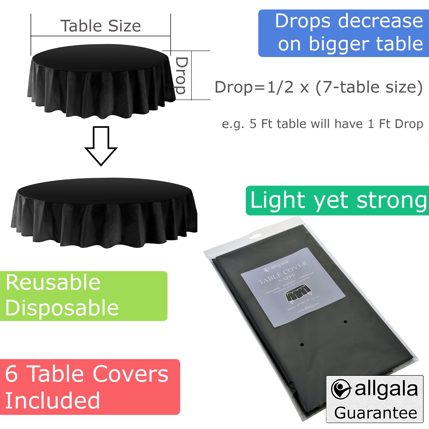 Allgala Table Cover 6-PK Premium Medium Duty Disposable 84" Round Plastic Tablecloth (Various Color Available)