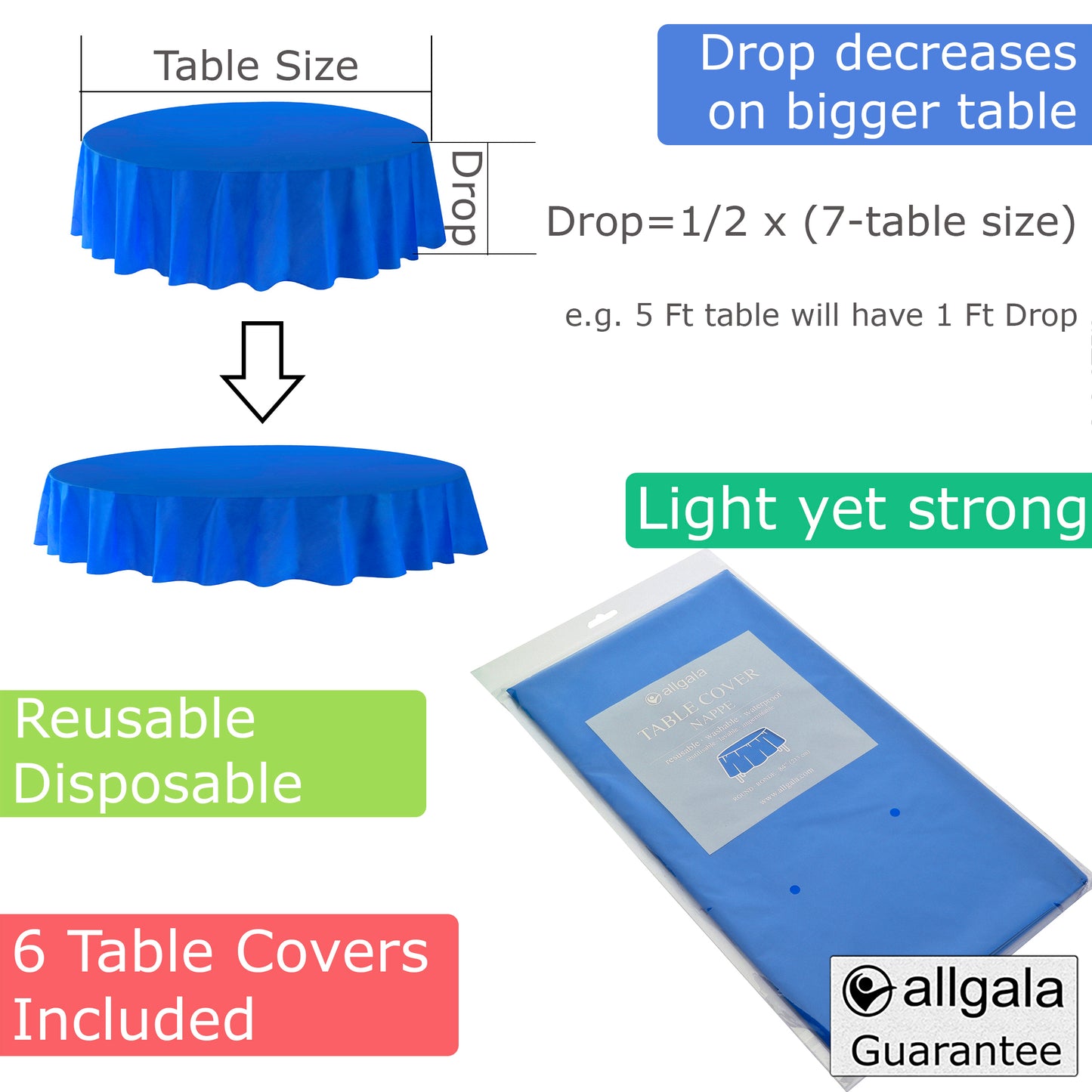 Allgala Table Cover 6-PK Premium Medium Duty Disposable 84" Round Plastic Tablecloth (Various Color Available)