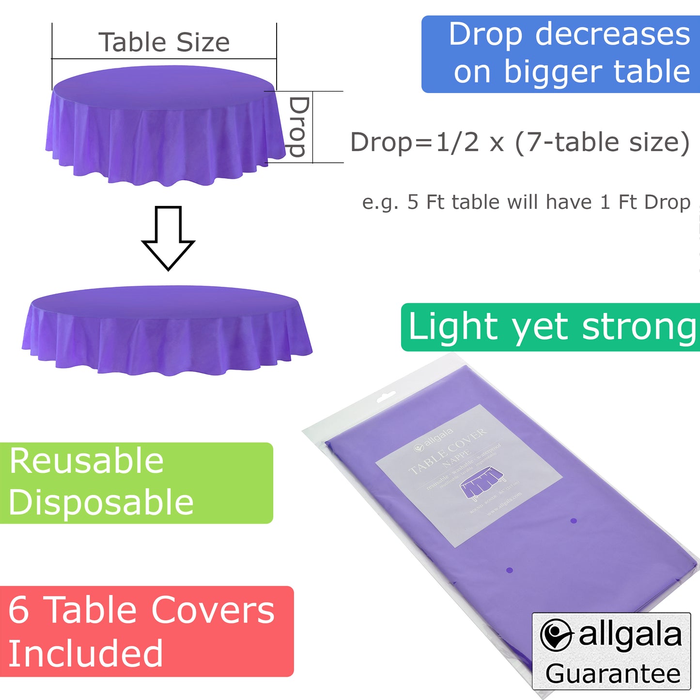 Allgala Table Cover 6-PK Premium Medium Duty Disposable 84" Round Plastic Tablecloth (Various Color Available)