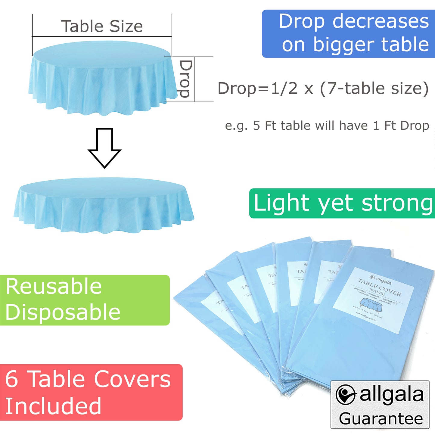 Allgala Table Cover 6-PK Premium Medium Duty Disposable 84" Round Plastic Tablecloth (Various Color Available)