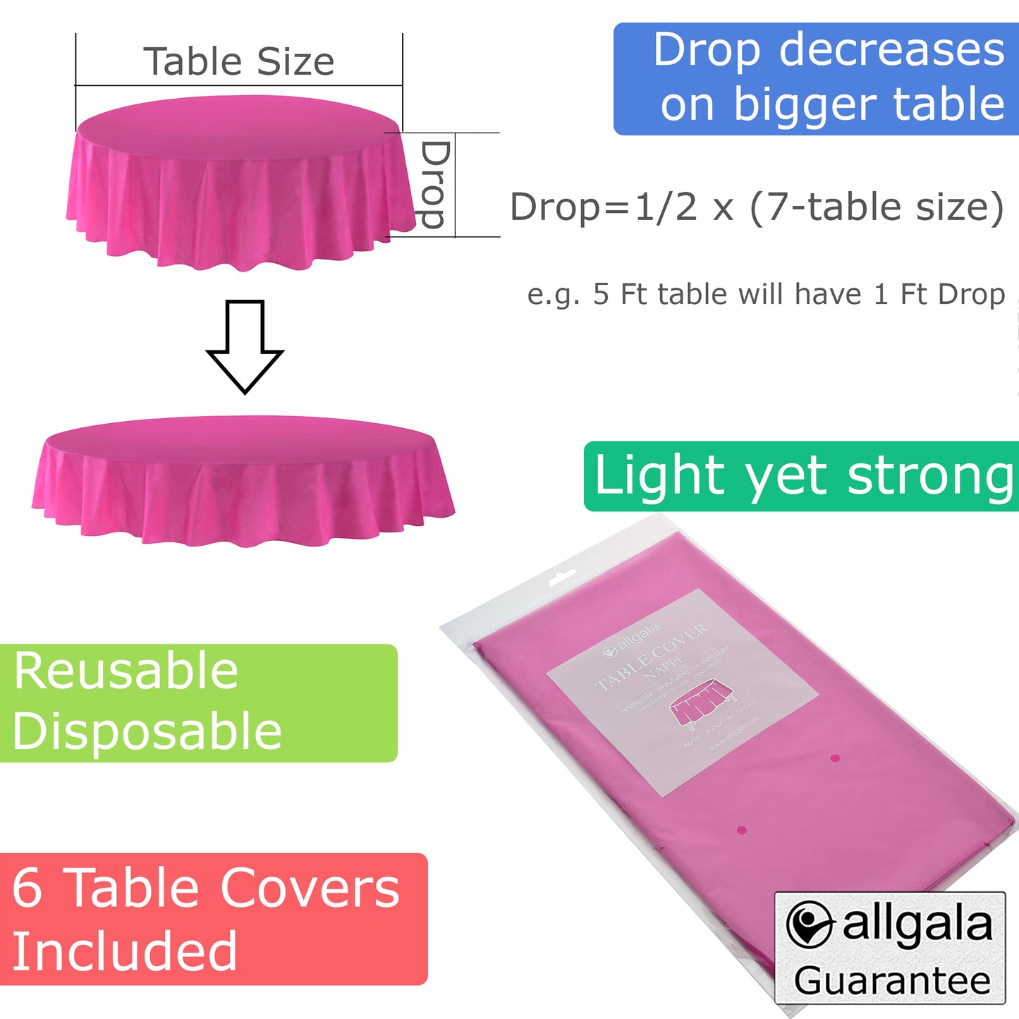 Allgala Table Cover 6-PK Premium Medium Duty Disposable 84" Round Plastic Tablecloth (Various Color Available)