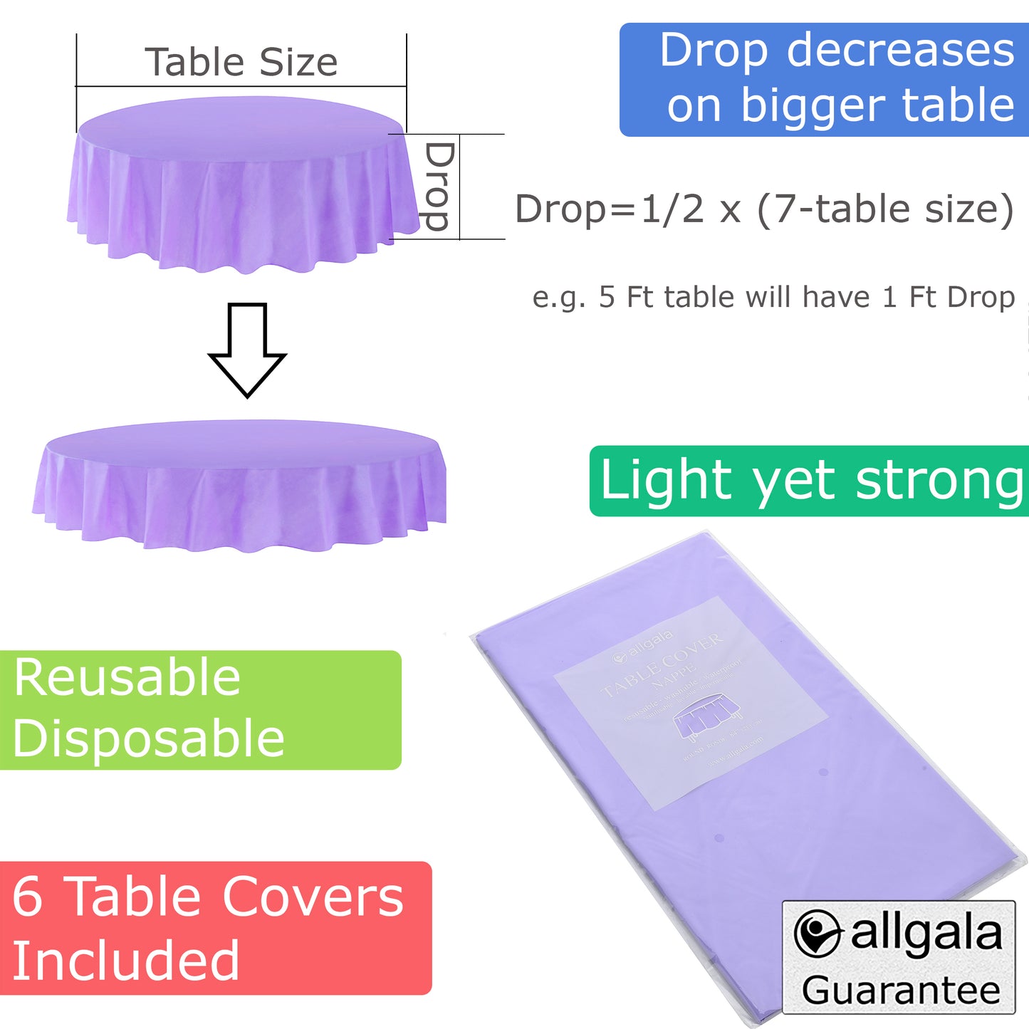 Allgala Table Cover 6-PK Premium Medium Duty Disposable 84" Round Plastic Tablecloth (Various Color Available)