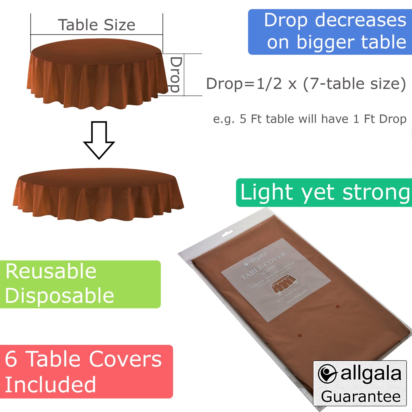 Allgala Table Cover 6-PK Premium Medium Duty Disposable 84" Round Plastic Tablecloth (Various Color Available)