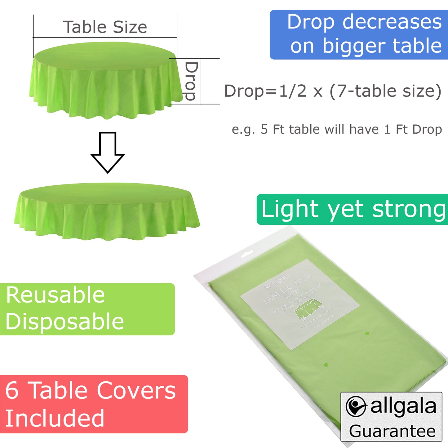 Allgala Table Cover 6-PK Premium Medium Duty Disposable 84" Round Plastic Tablecloth (Various Color Available)