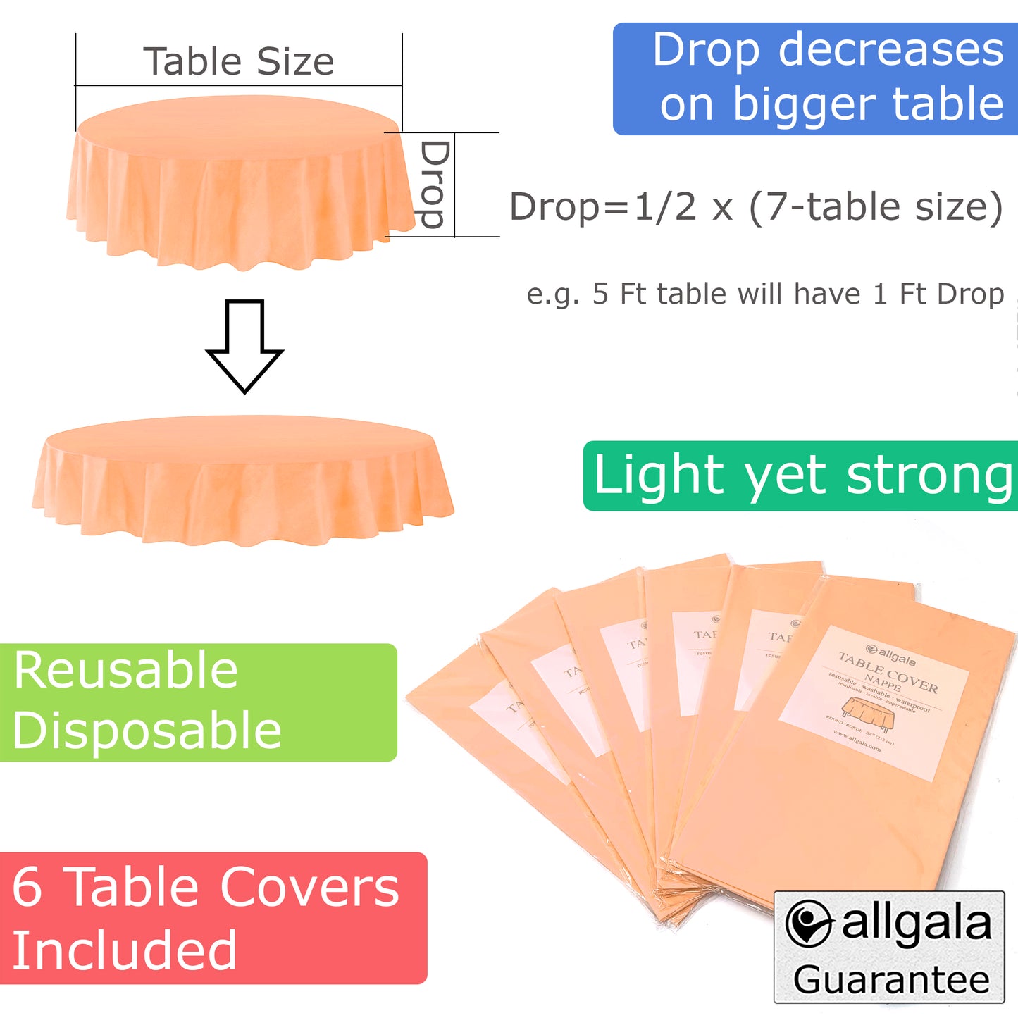 Allgala Table Cover 6-PK Premium Medium Duty Disposable 84" Round Plastic Tablecloth (Various Color Available)