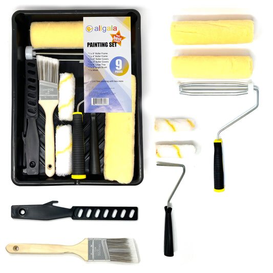 Allgala Paint Kit 9-Piece Lint Free Paint Roller Kit with Roller Frames Covers Brush Mixer and Large Tray - TH10301