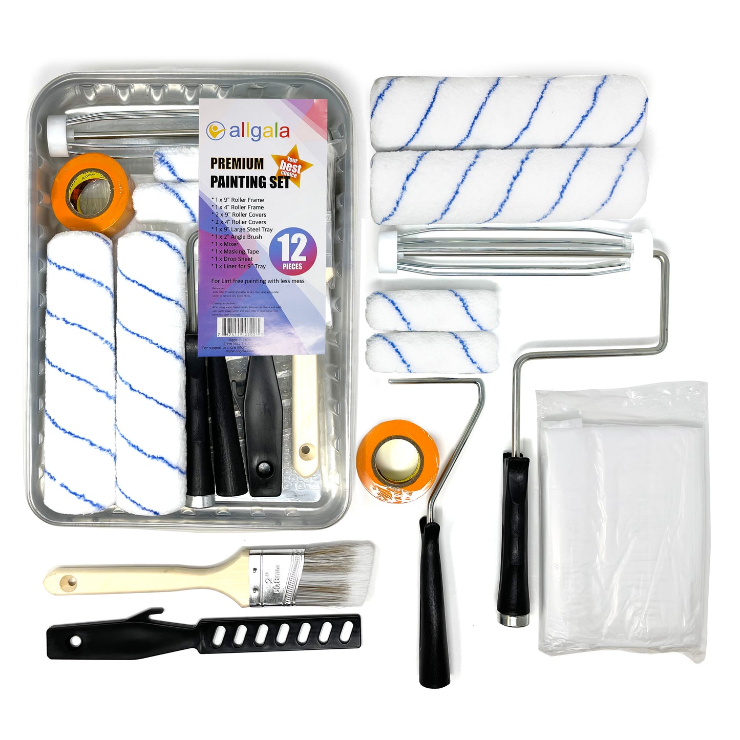 Allgala Paint Kit 12-Piece Premium Painting Roller Kit Set with Roller Frames, Covers, Steel Tray, Brush, Mixer, Masking Tape etc - TH10302