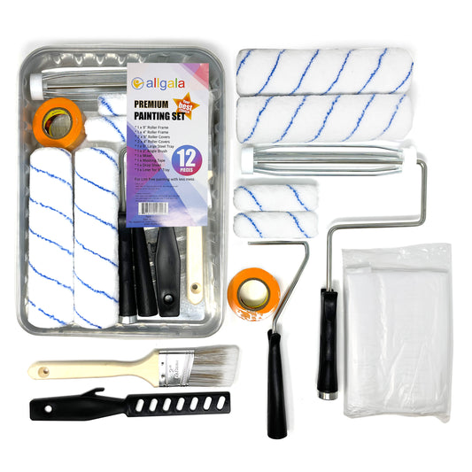 Allgala Paint Kit 12-Piece Premium Painting Roller Kit Set with Roller Frames, Covers, Steel Tray, Brush, Mixer, Masking Tape etc - TH10302
