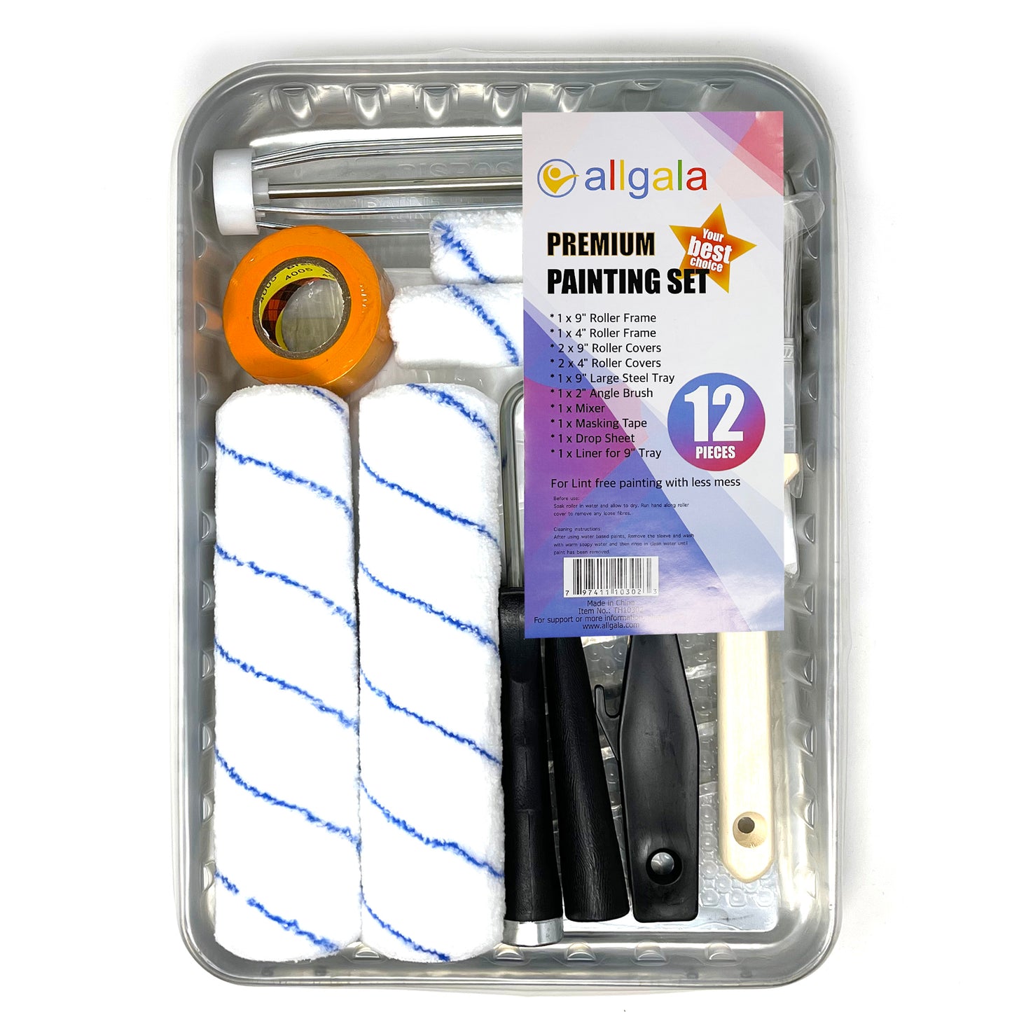 Allgala Paint Kit 12-Piece Premium Painting Roller Kit Set with Roller Frames, Covers, Steel Tray, Brush, Mixer, Masking Tape etc - TH10302