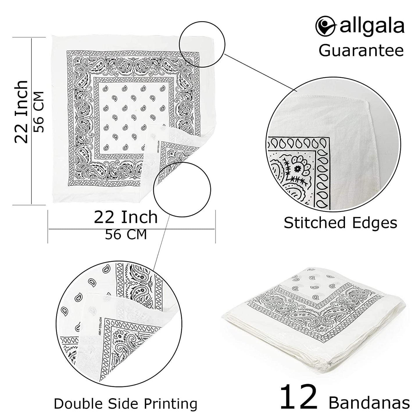 Allgala 12-pc 100% Cotton Bandanas, Paisley Pattern, White